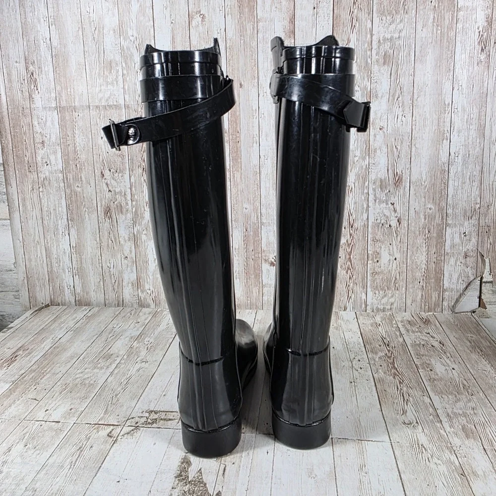 Hunter Original Refined Tall Rain Boots Black Glossy Waterproof Womens US 5